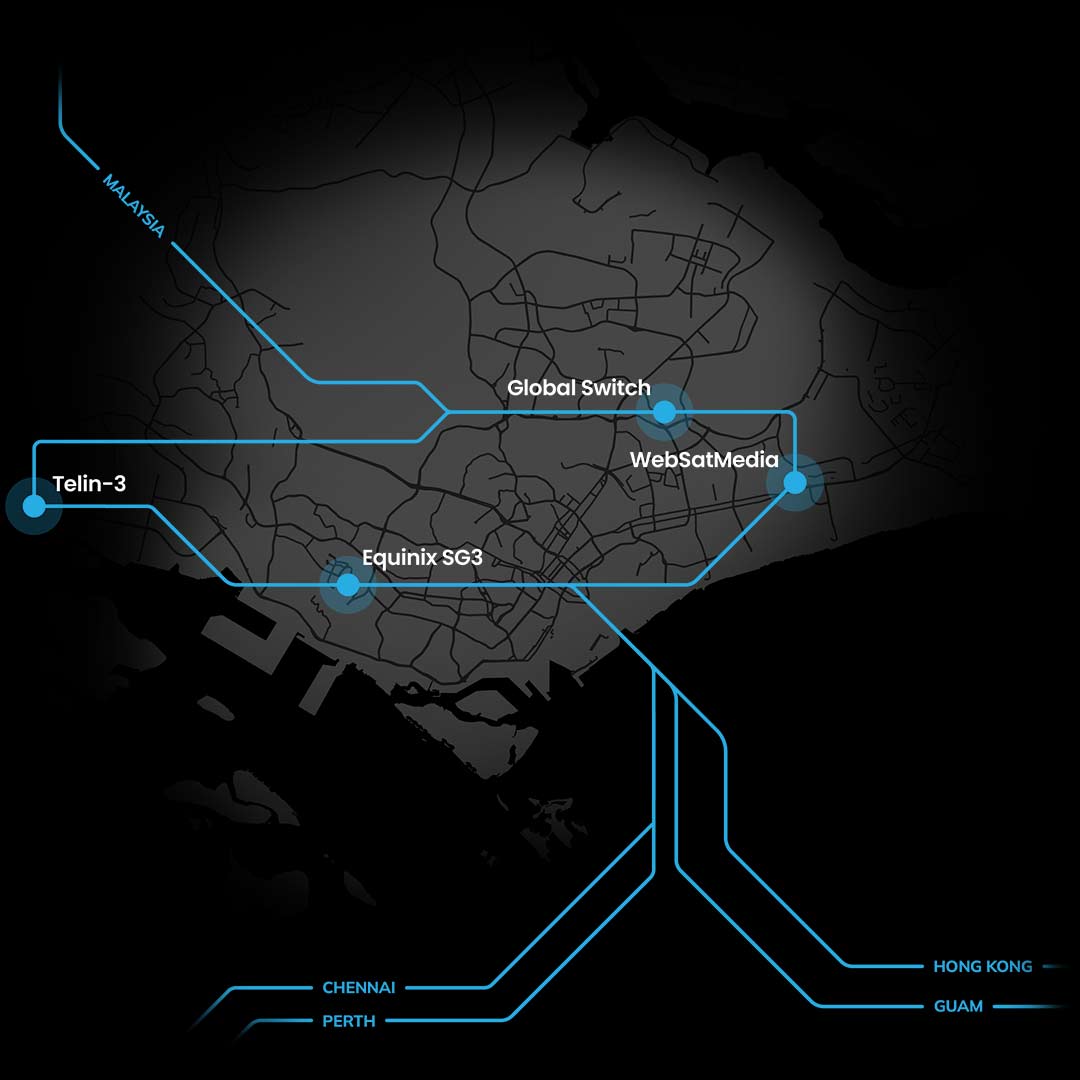 A map illustrating our Singapore data centers (Global Switch, WebSatMedia and Telin-3) and international connectivity to India, Australia, Hong-Kong/China and Guam