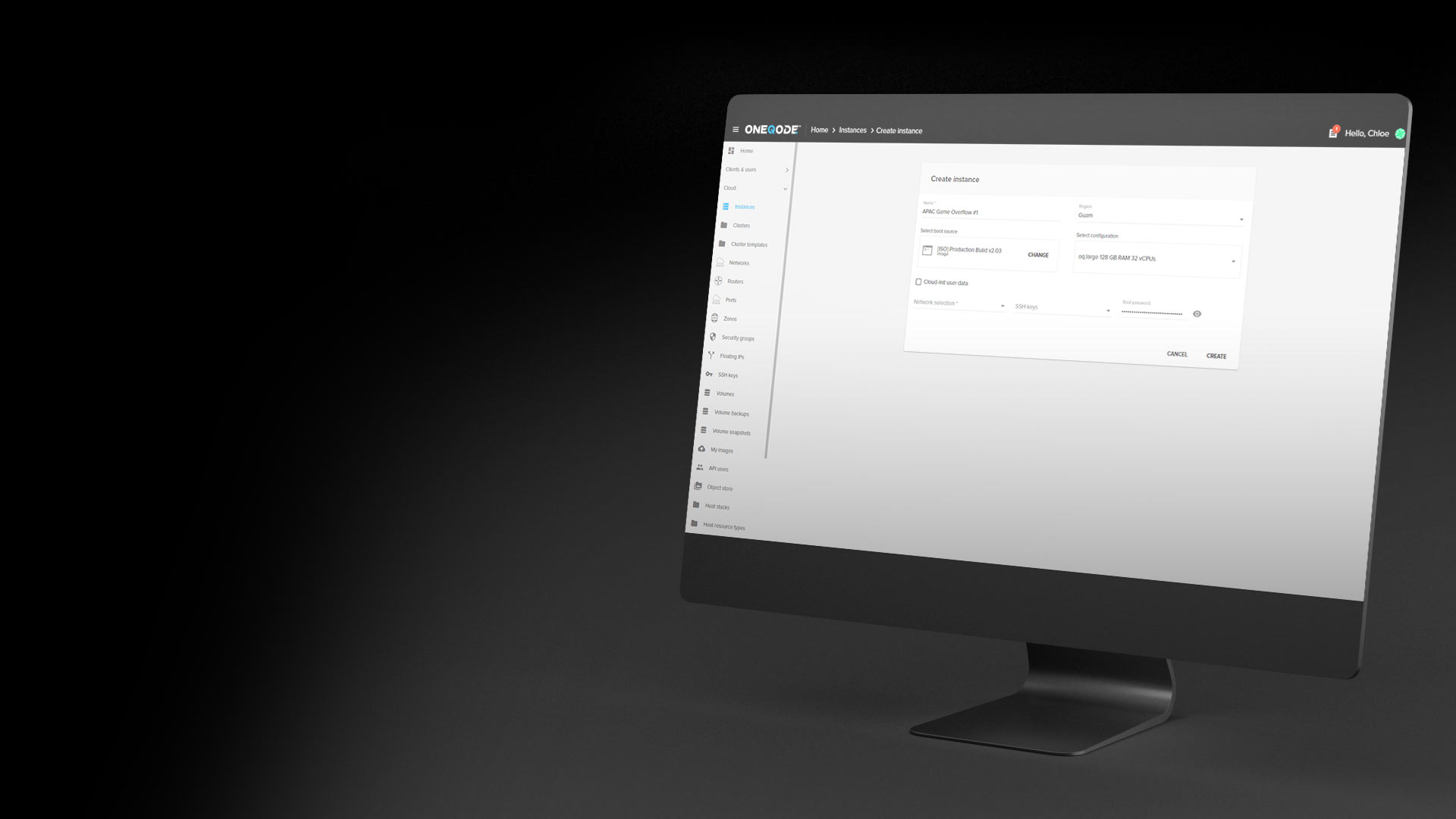 An iMac monitor with the OneQode Cloud dashboard open
