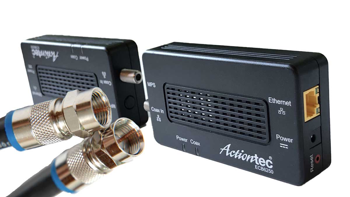 MoCA adaptors alongside their cables, familiar to people who have connected TVs to a network.