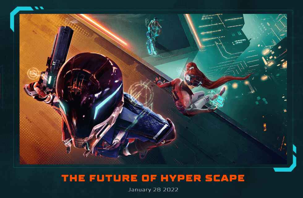 A promotional image showing Hyper Scape characters atop buildings holding weaponry. Below them, the city streets are covered in mist and shadow.